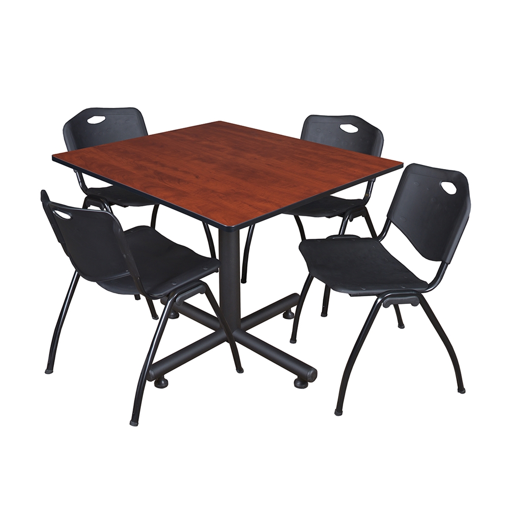 Kobe 48" Square Breakroom Table- Cherry & 4 'M' Stack Chairs- Black. Picture 1