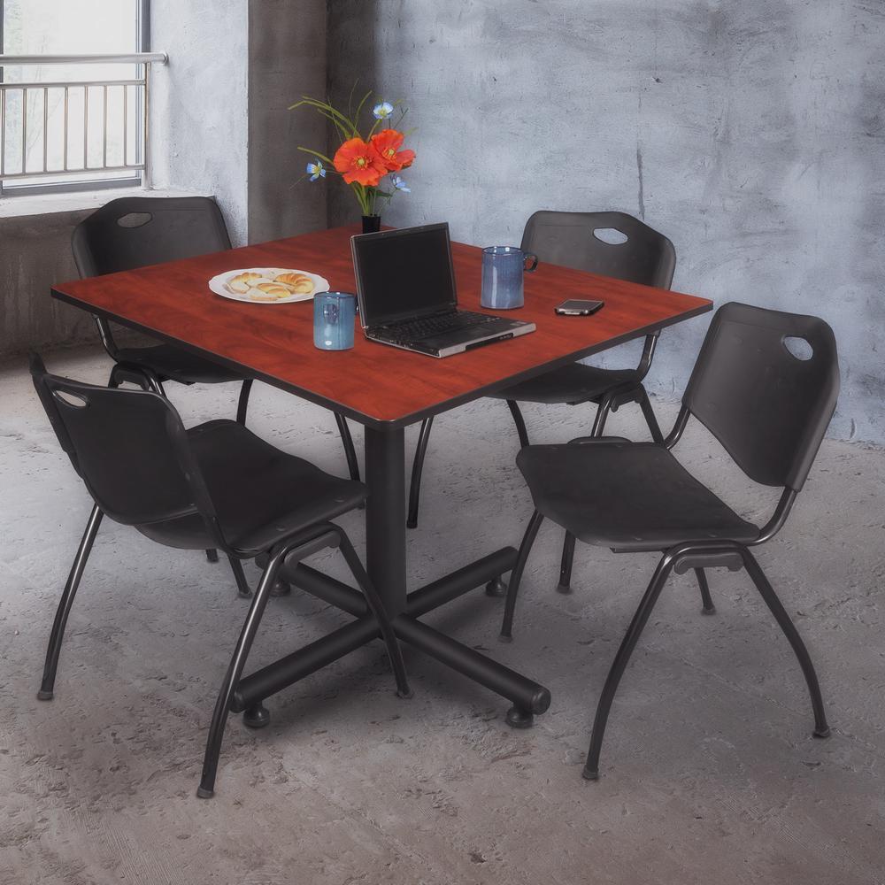 Kobe 48" Square Breakroom Table- Cherry & 4 'M' Stack Chairs- Black. Picture 2