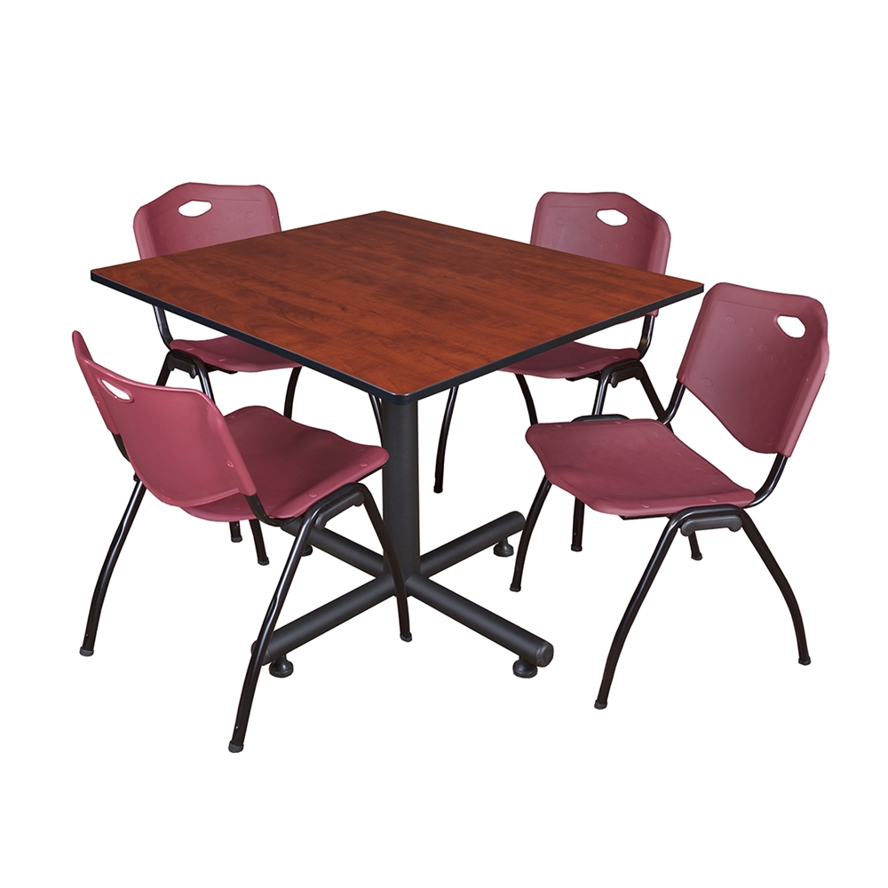 Kobe 48" Square Breakroom Table- Cherry & 4 'M' Stack Chairs- Burgundy. Picture 1