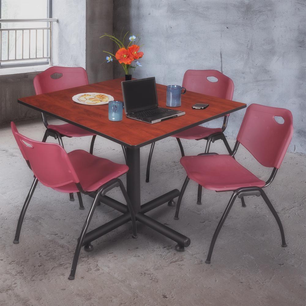 Kobe 48" Square Breakroom Table- Cherry & 4 'M' Stack Chairs- Burgundy. Picture 2