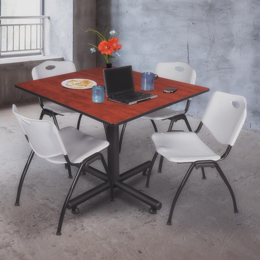 Kobe 48" Square Breakroom Table- Cherry & 4 'M' Stack Chairs- Grey. Picture 2