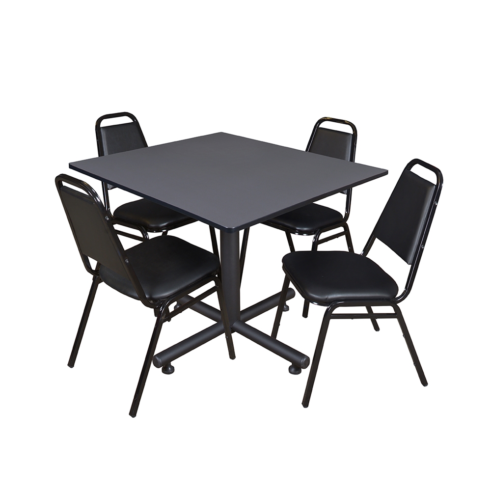 Kobe 48" Square Breakroom Table- Grey & 4 Restaurant Stack Chairs- Black. Picture 1