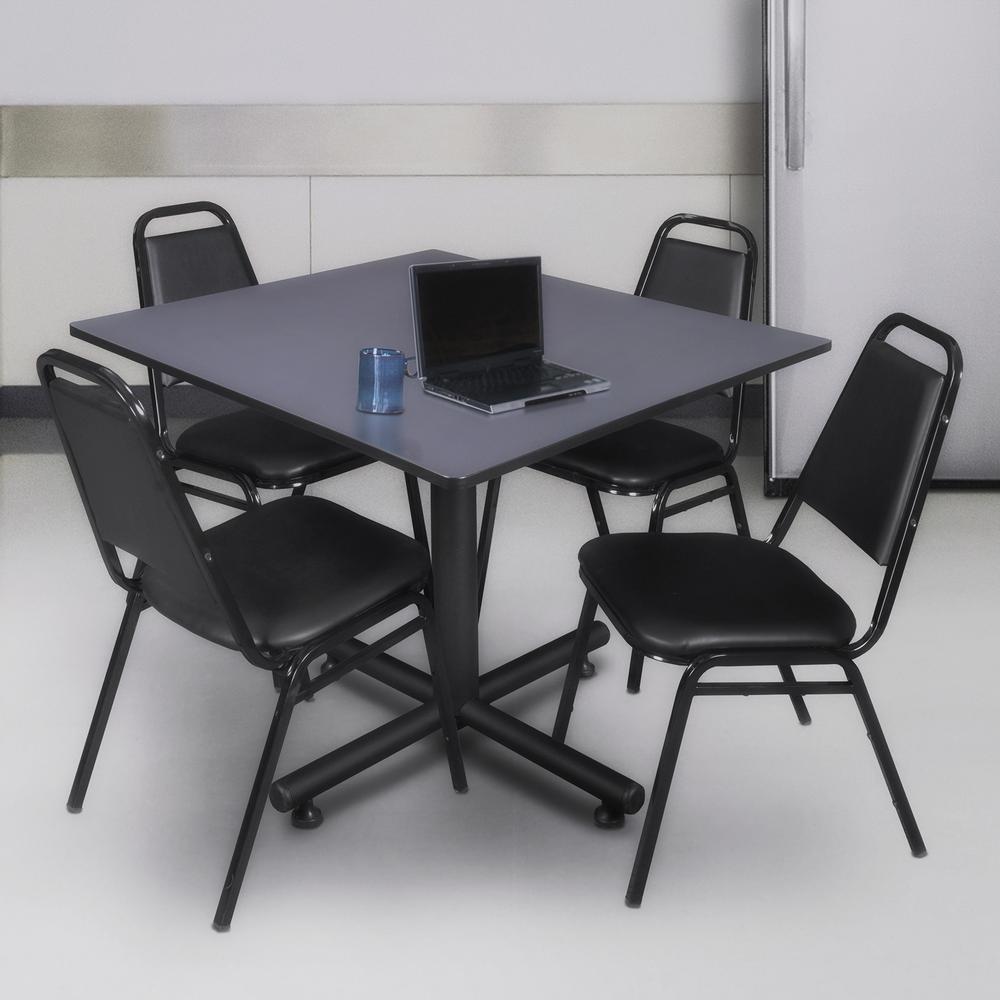 Kobe 48" Square Breakroom Table- Grey & 4 Restaurant Stack Chairs- Black. Picture 2