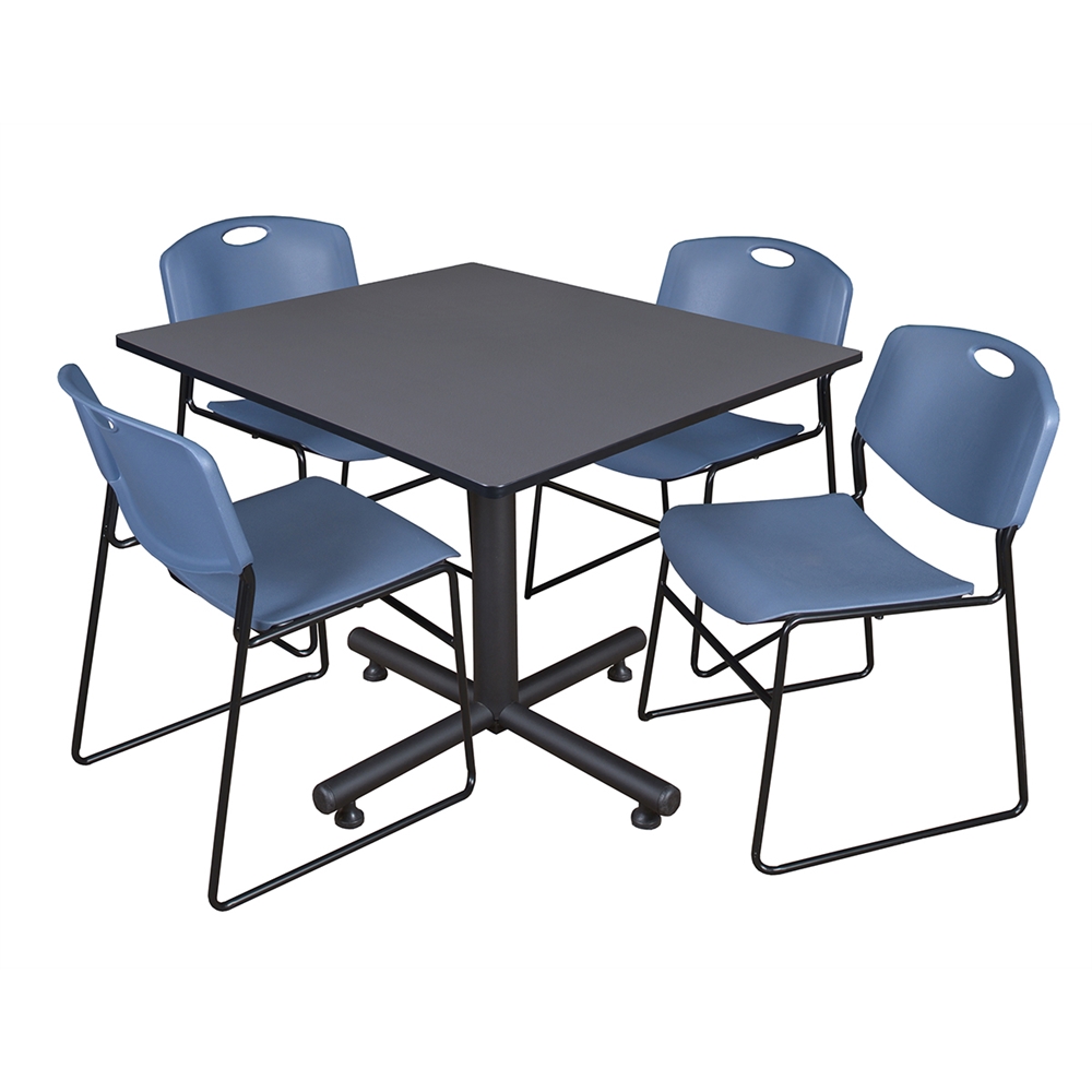 Kobe 48" Square Breakroom Table- Grey & 4 Zeng Stack Chairs- Blue. Picture 1