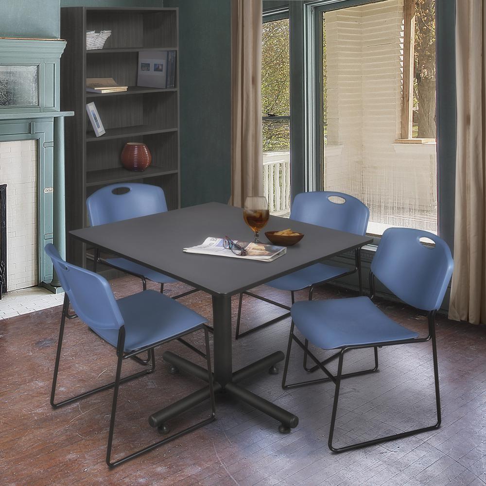 Kobe 48" Square Breakroom Table- Grey & 4 Zeng Stack Chairs- Blue. Picture 2