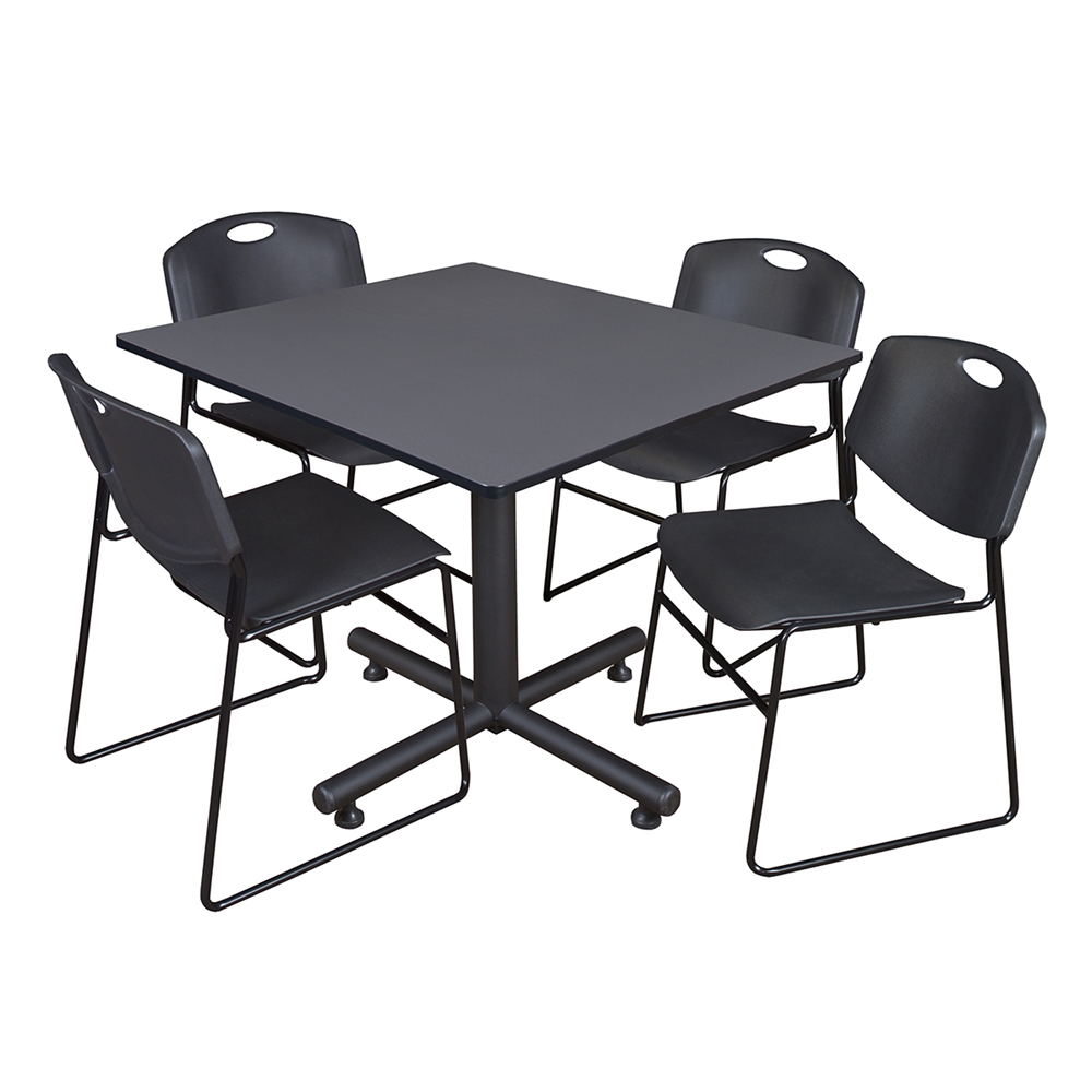 Kobe 48" Square Breakroom Table- Grey & 4 Zeng Stack Chairs- Black. Picture 1