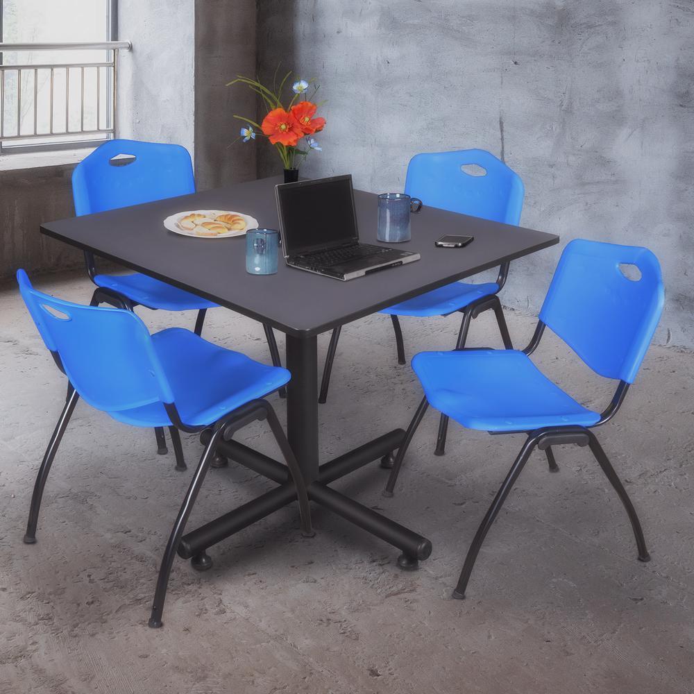 Kobe 48" Square Breakroom Table- Grey & 4 'M' Stack Chairs- Blue. Picture 2