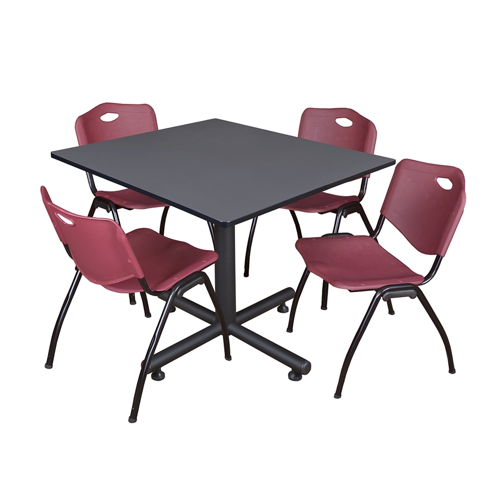 Kobe 48" Square Breakroom Table- Grey & 4 'M' Stack Chairs- Burgundy. Picture 1