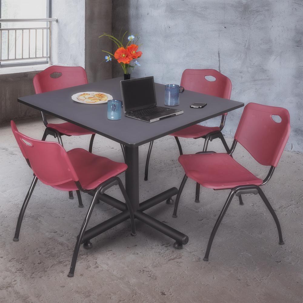 Kobe 48" Square Breakroom Table- Grey & 4 'M' Stack Chairs- Burgundy. Picture 2