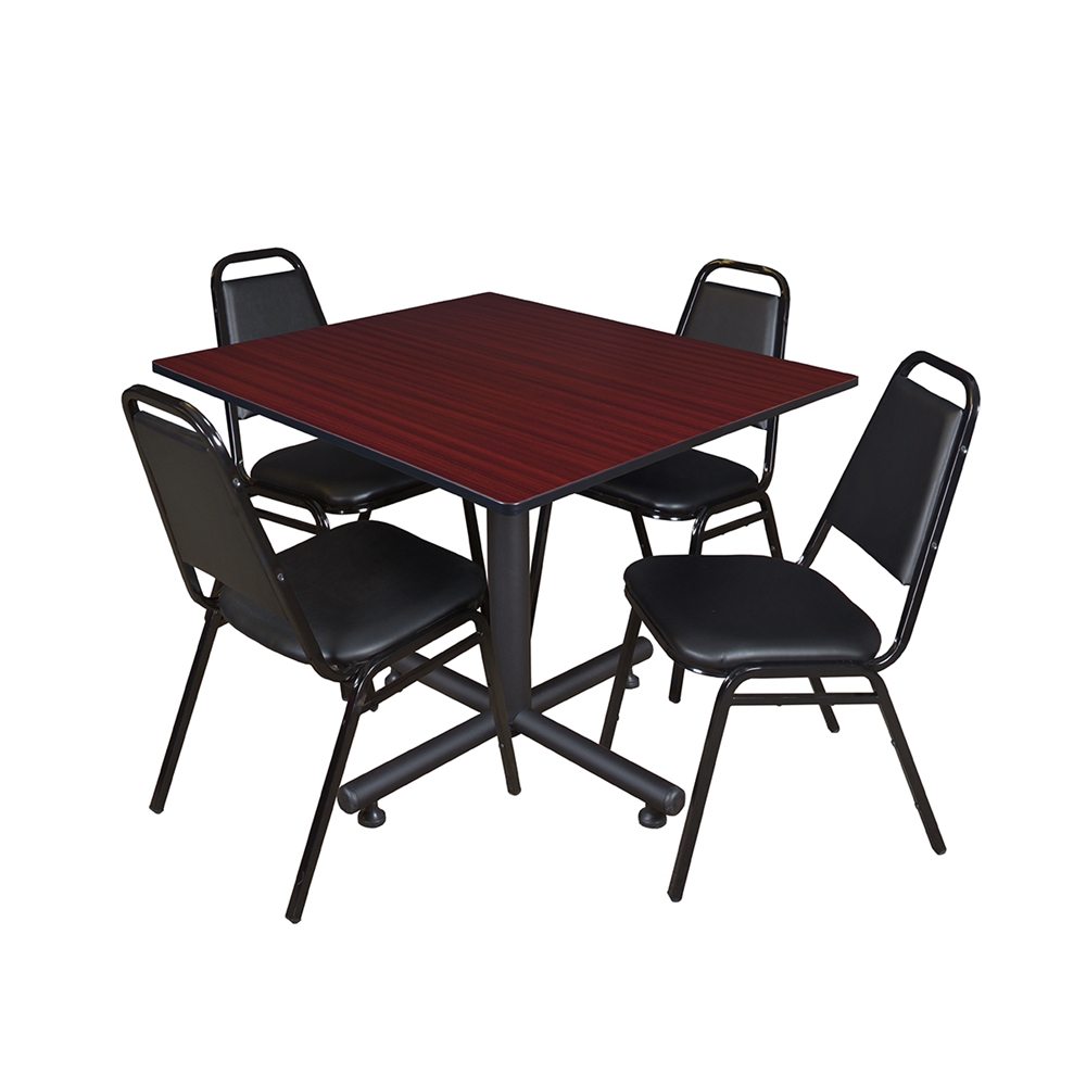Kobe 48" Square Breakroom Table- Mahogany & 4 Restaurant Stack Chairs- Black. Picture 1