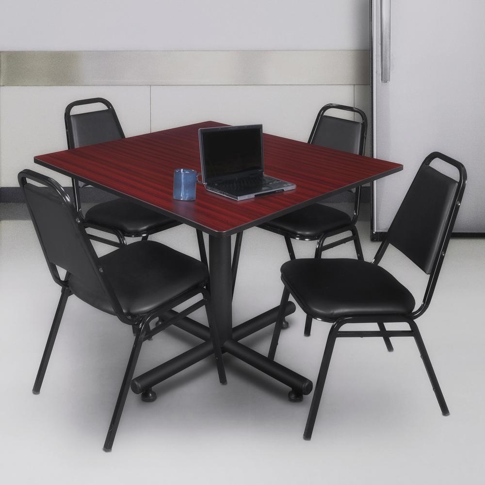 Kobe 48" Square Breakroom Table- Mahogany & 4 Restaurant Stack Chairs- Black. Picture 2