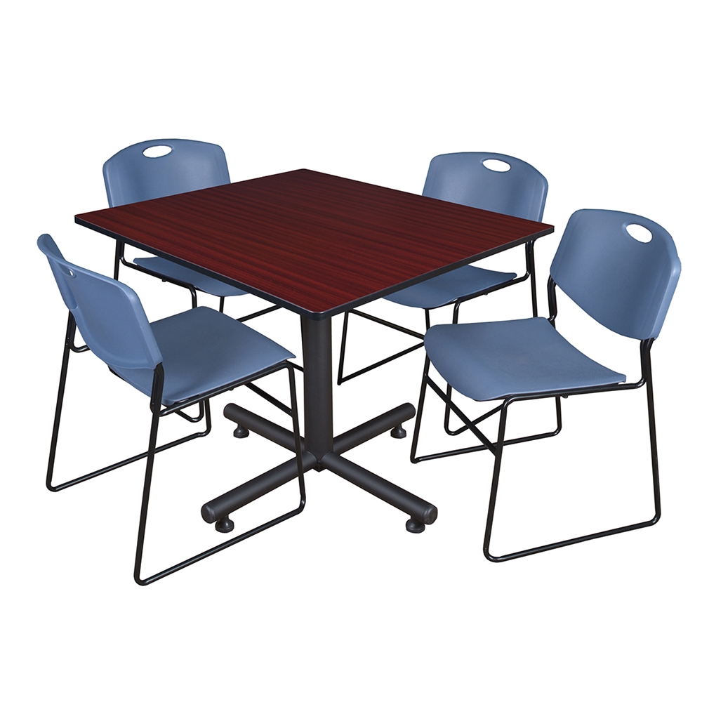 Kobe 48" Square Breakroom Table- Mahogany & 4 Zeng Stack Chairs- Blue. Picture 1