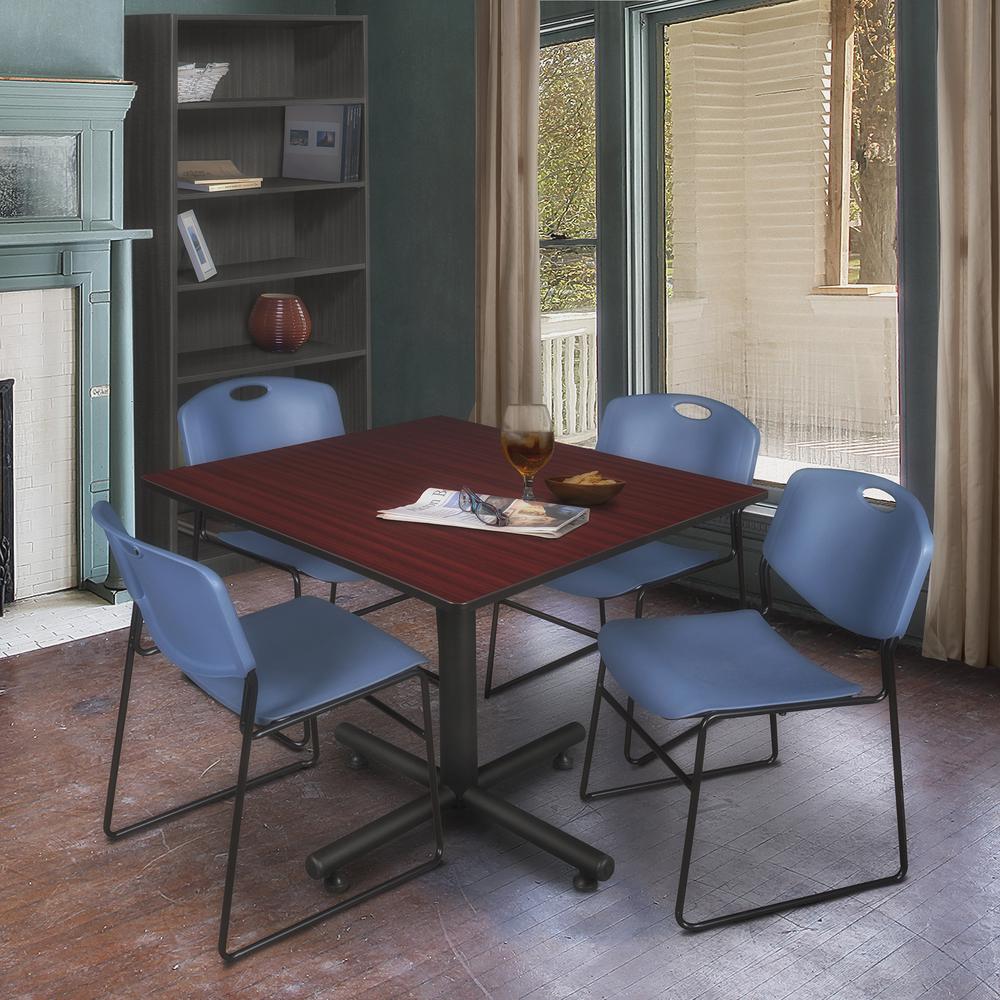Kobe 48" Square Breakroom Table- Mahogany & 4 Zeng Stack Chairs- Blue. Picture 2