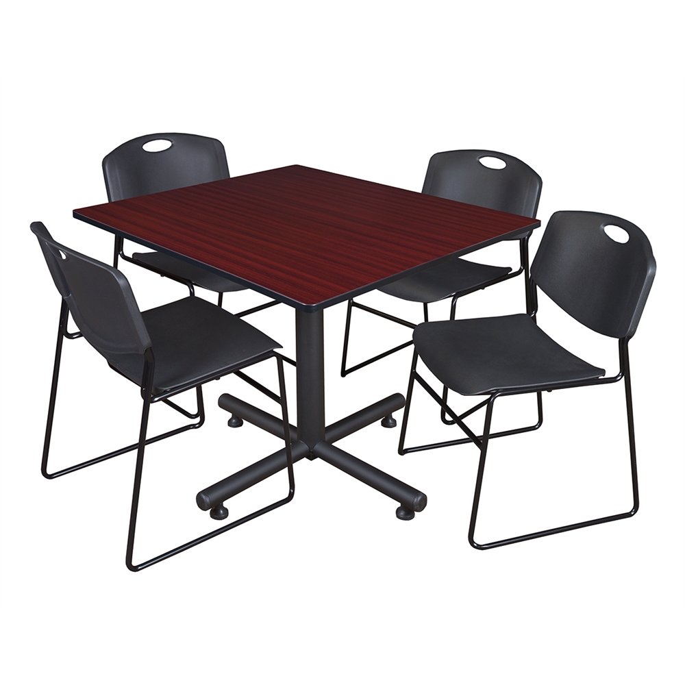 Kobe 48" Square Breakroom Table- Mahogany & 4 Zeng Stack Chairs- Black. Picture 1