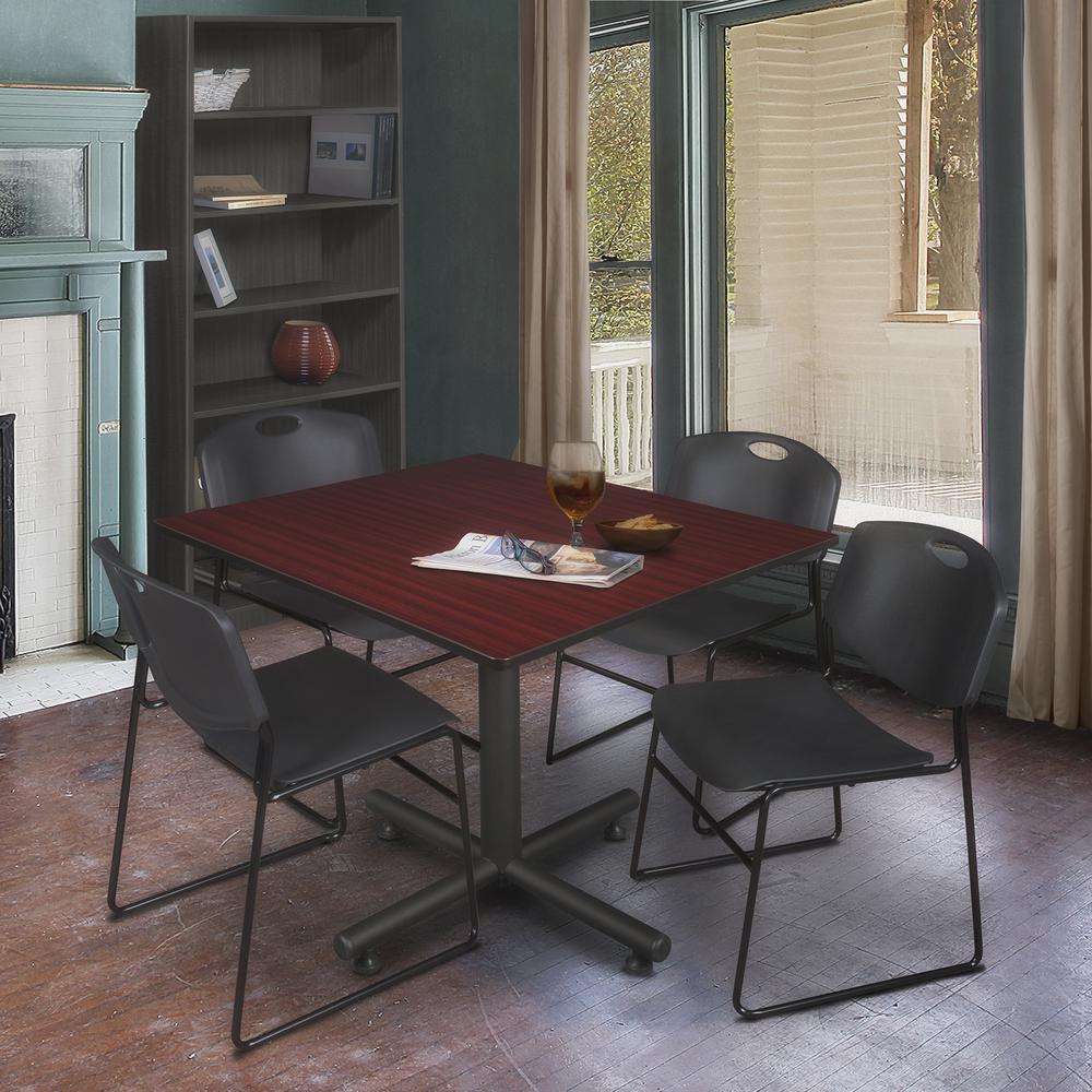 Kobe 48" Square Breakroom Table- Mahogany & 4 Zeng Stack Chairs- Black. Picture 2