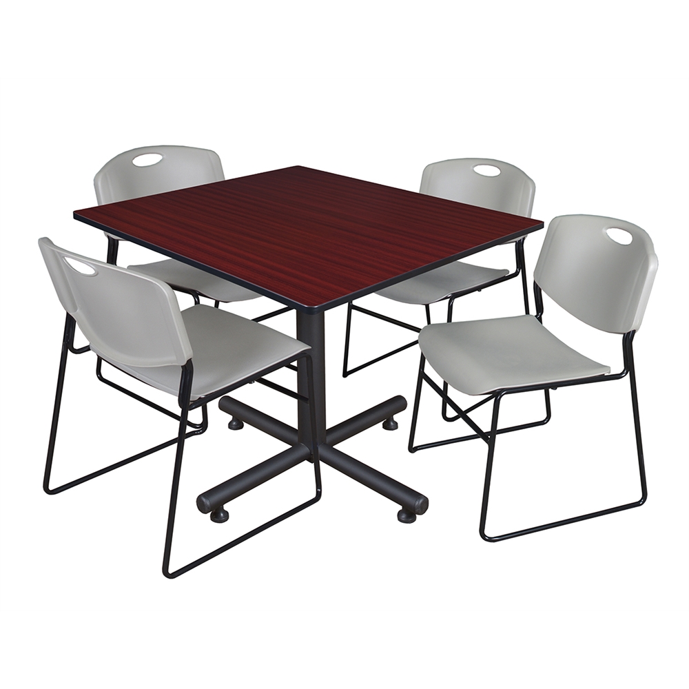 Kobe 48" Square Breakroom Table- Mahogany & 4 Zeng Stack Chairs- Grey. Picture 1