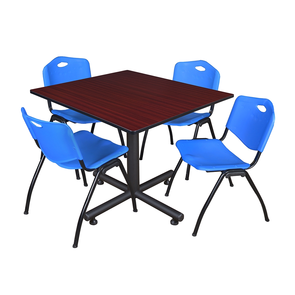 Kobe 48" Square Breakroom Table- Mahogany & 4 'M' Stack Chairs- Blue. Picture 1