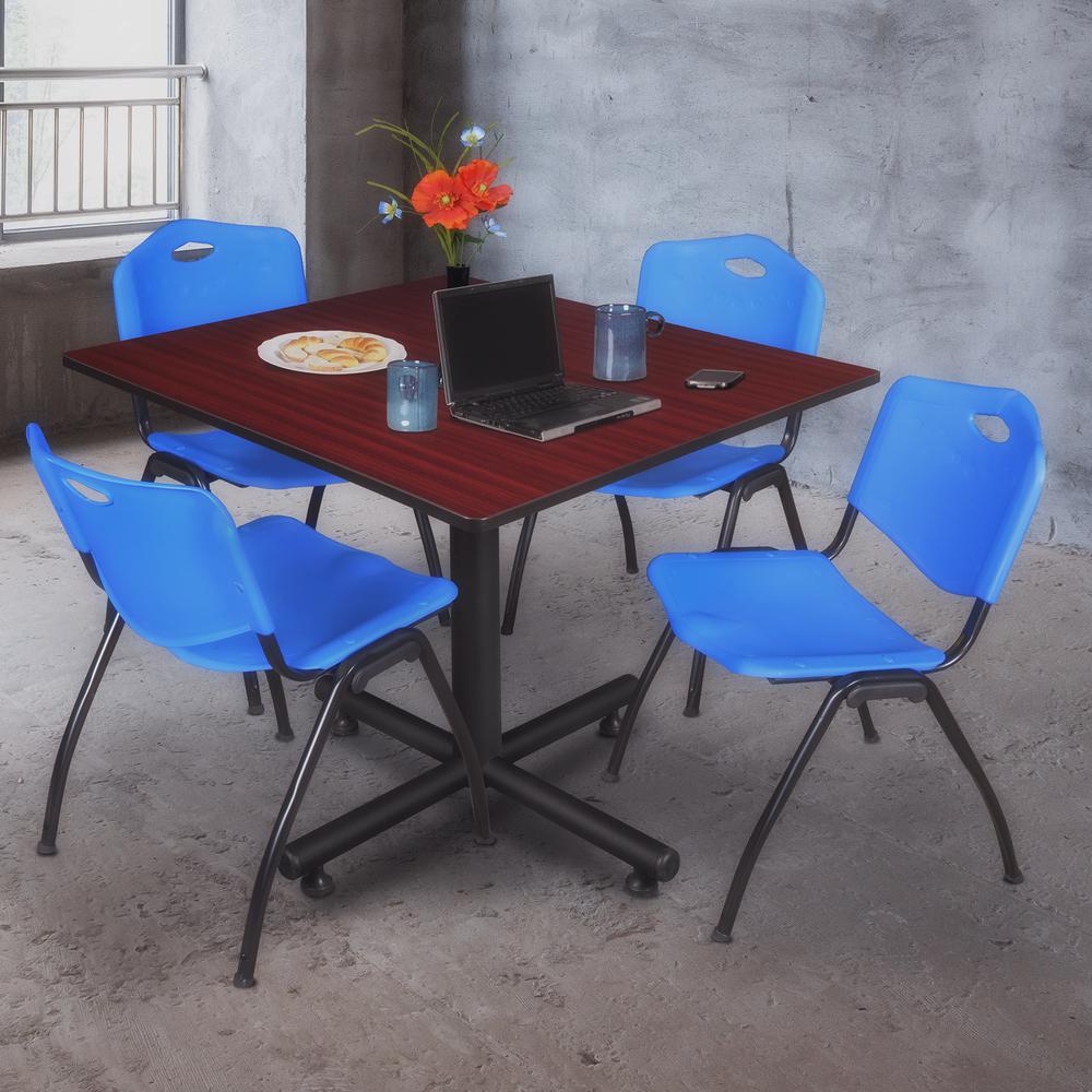 Kobe 48" Square Breakroom Table- Mahogany & 4 'M' Stack Chairs- Blue. Picture 2