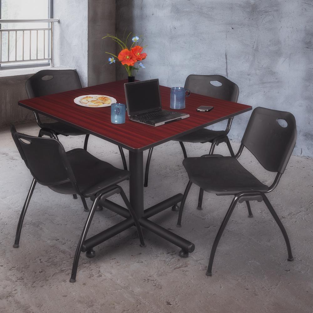 Kobe 48" Square Breakroom Table- Mahogany & 4 'M' Stack Chairs- Black. Picture 2