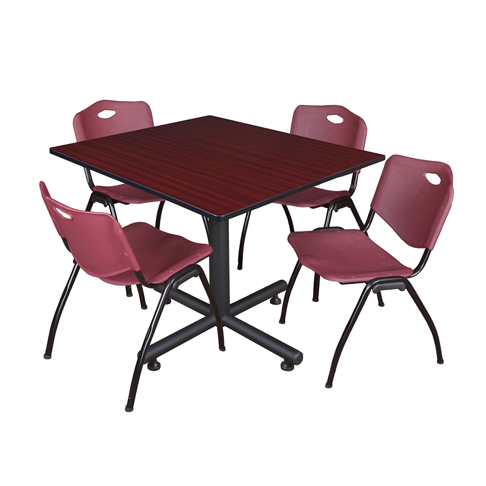 Kobe 48" Square Breakroom Table- Mahogany & 4 'M' Stack Chairs- Burgundy. Picture 1