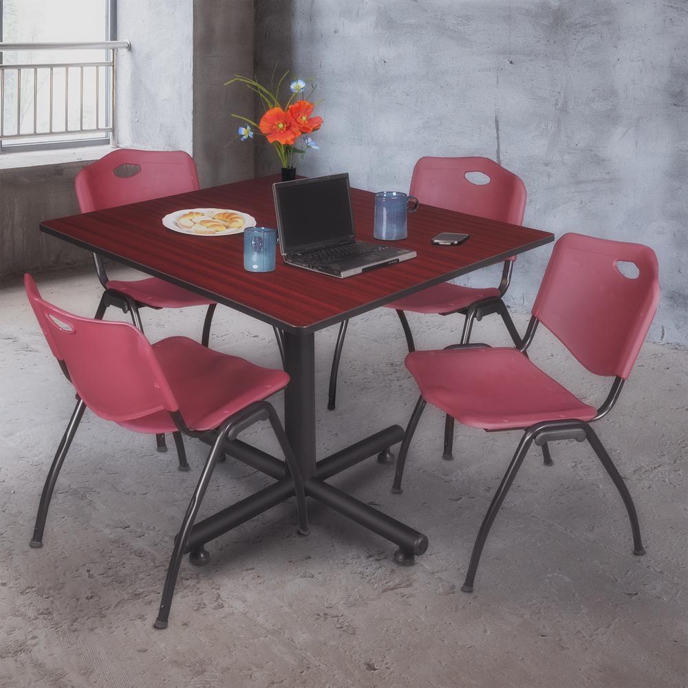 Kobe 48" Square Breakroom Table- Mahogany & 4 'M' Stack Chairs- Burgundy. Picture 2