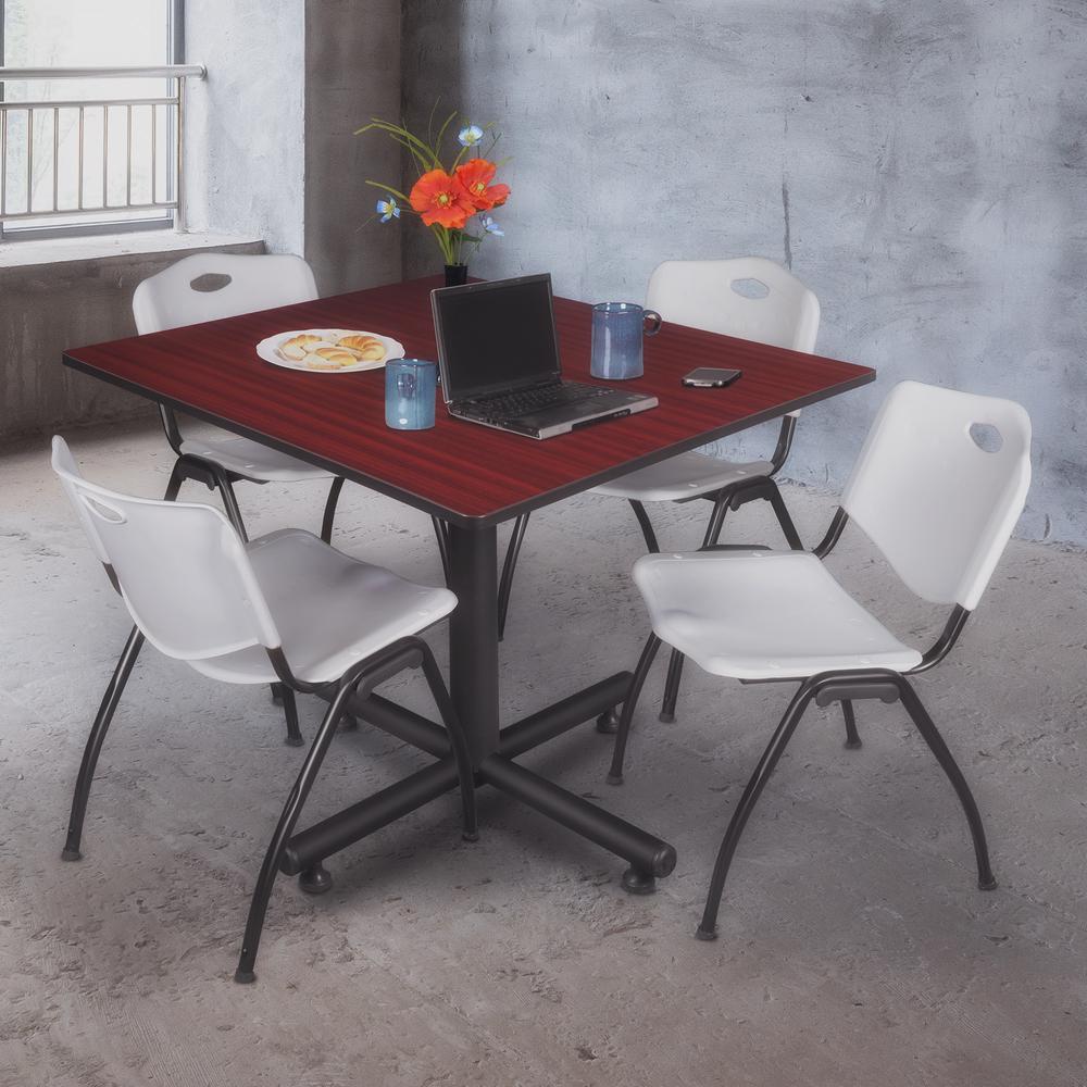 Kobe 48" Square Breakroom Table- Mahogany & 4 'M' Stack Chairs- Grey. Picture 2