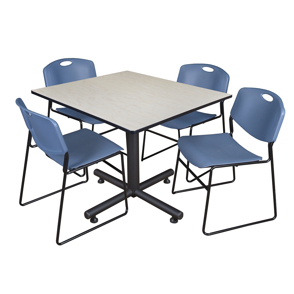 Kobe 48" Square Breakroom Table- Maple & 4 Zeng Stack Chairs- Blue. Picture 1