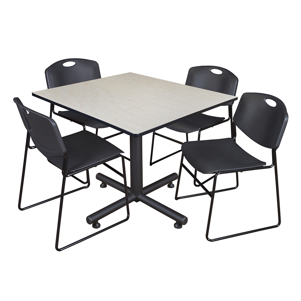Kobe 48" Square Breakroom Table- Maple & 4 Zeng Stack Chairs- Black. Picture 1