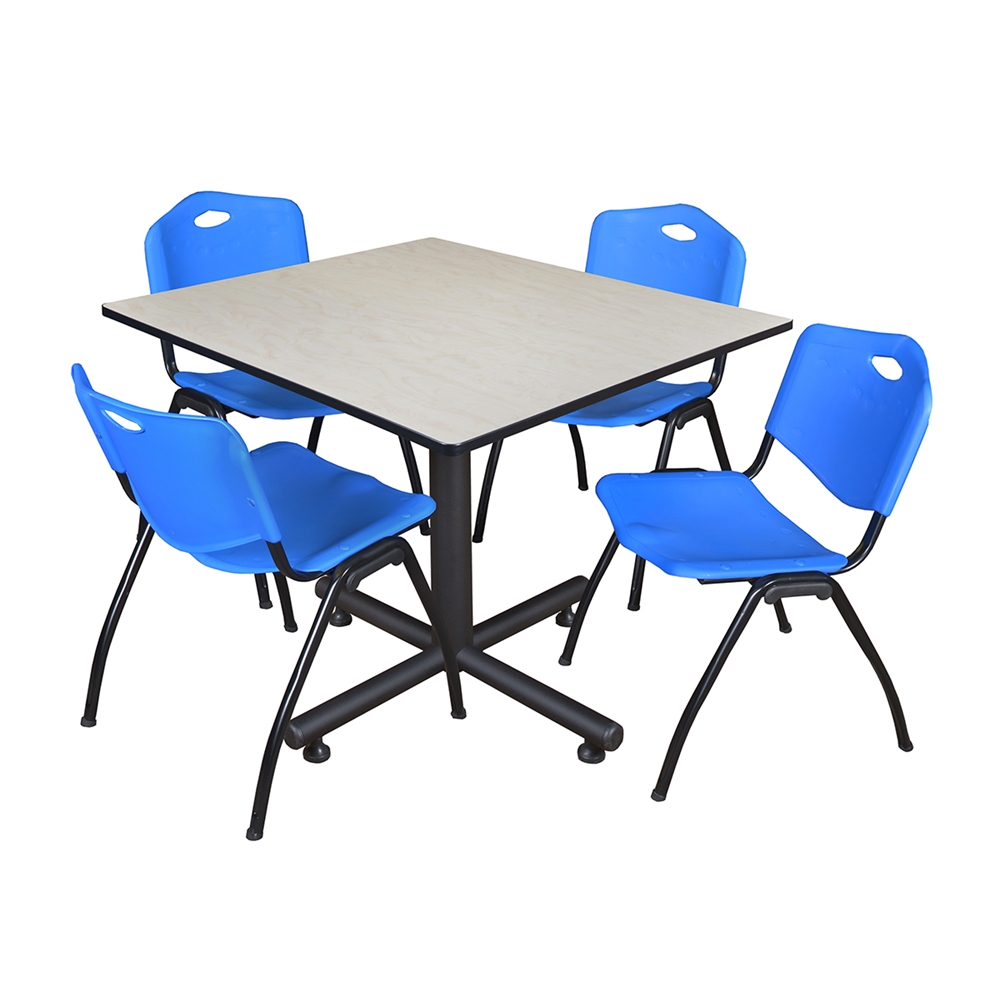Kobe 48" Square Breakroom Table- Maple & 4 'M' Stack Chairs- Blue. Picture 1