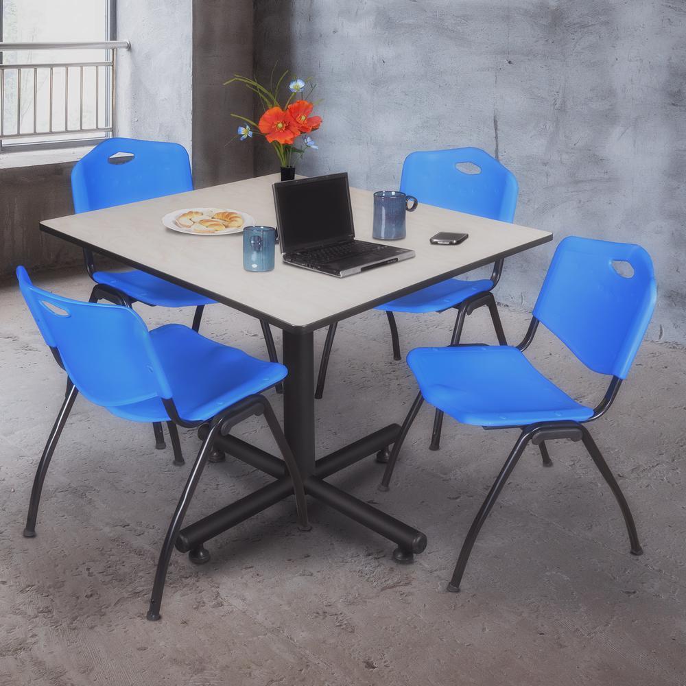 Kobe 48" Square Breakroom Table- Maple & 4 'M' Stack Chairs- Blue. Picture 2