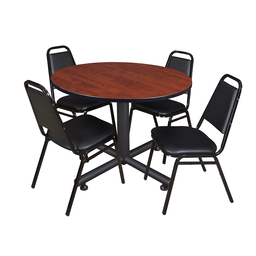 Kobe 48" Round Breakroom Table- Cherry & 4 Restaurant Stack Chairs- Black. Picture 1