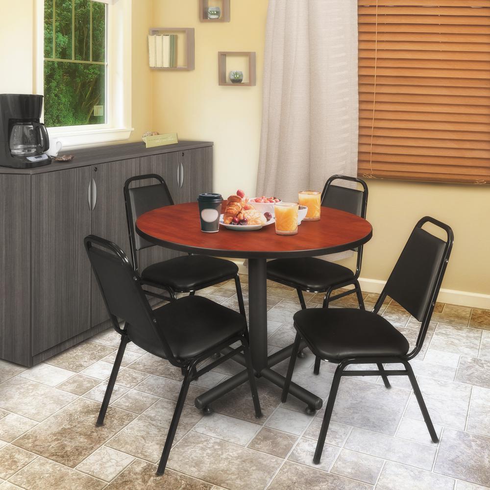 Kobe 48" Round Breakroom Table- Cherry & 4 Restaurant Stack Chairs- Black. Picture 2