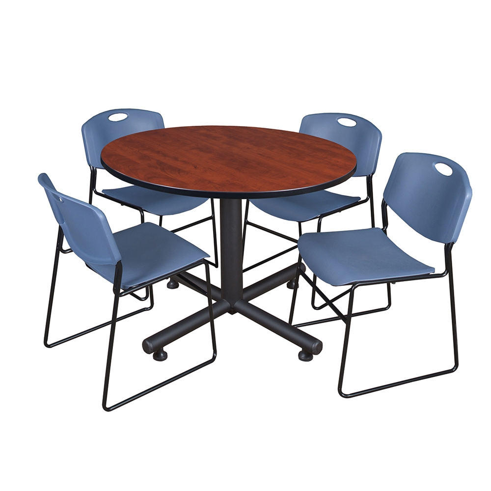 Kobe 48" Round Breakroom Table- Cherry & 4 Zeng Stack Chairs- Blue. Picture 1