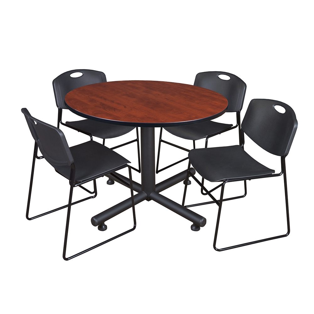 Kobe 48" Round Breakroom Table- Cherry & 4 Zeng Stack Chairs- Black. Picture 1