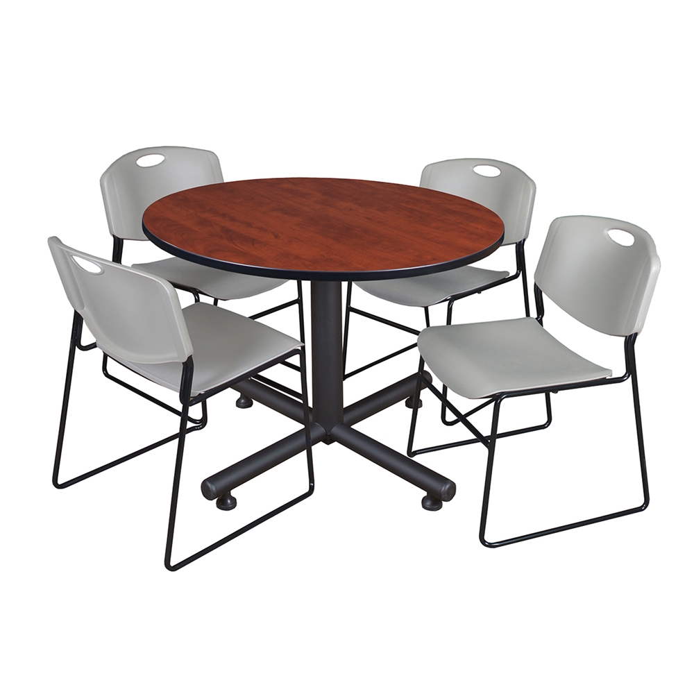 Kobe 48" Round Breakroom Table- Cherry & 4 Zeng Stack Chairs- Grey. Picture 1