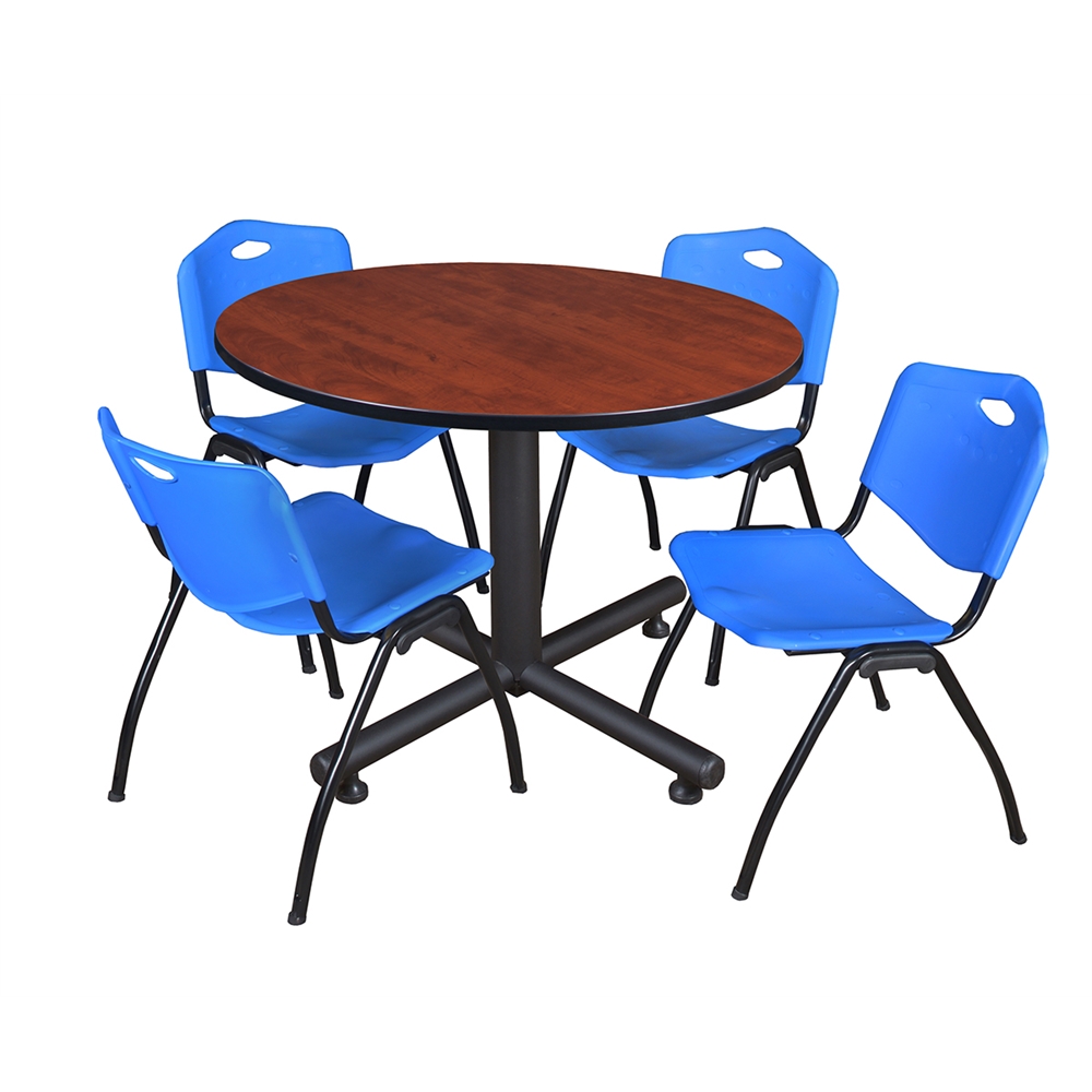 Kobe 48" Round Breakroom Table- Cherry & 4 'M' Stack Chairs- Blue. Picture 1