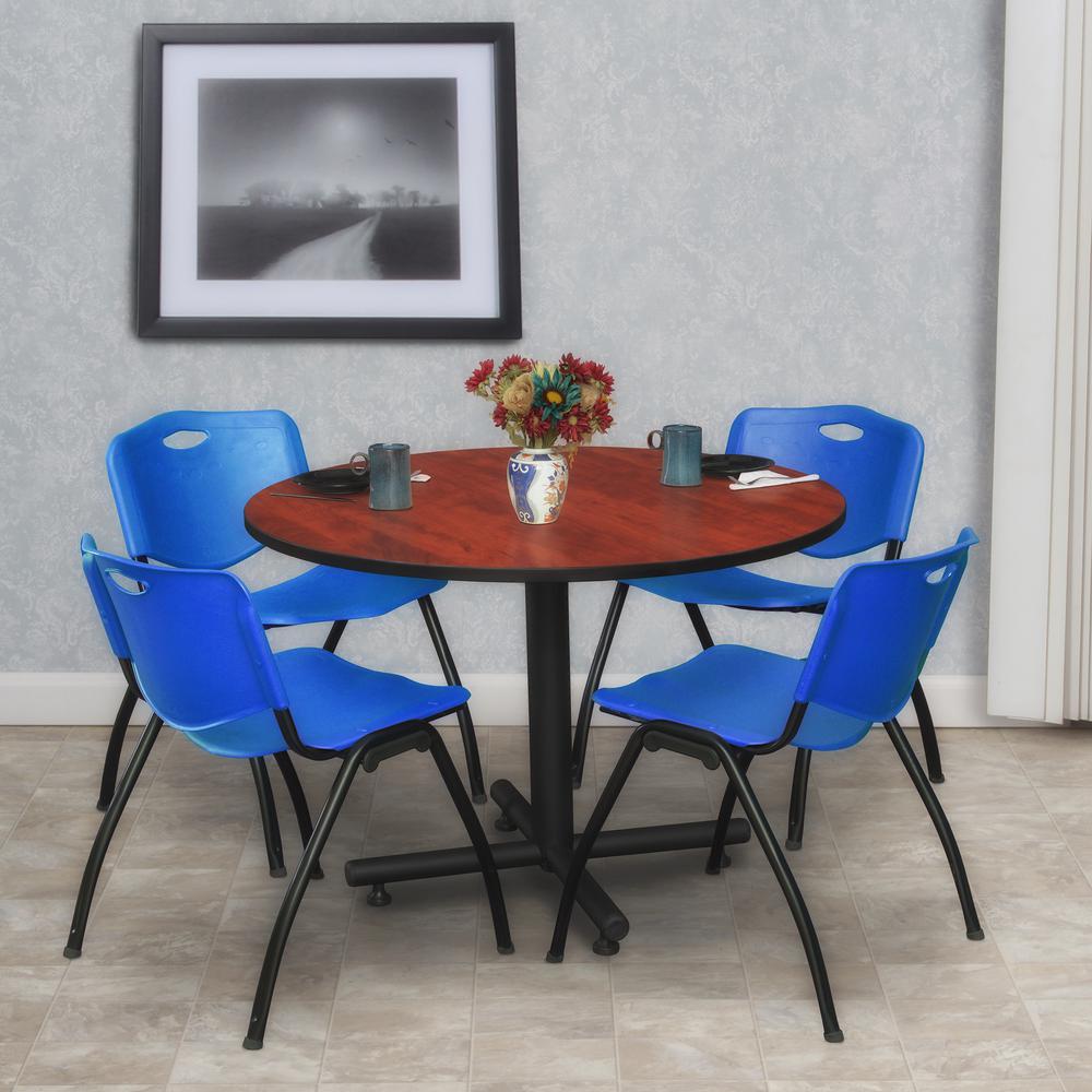 Kobe 48" Round Breakroom Table- Cherry & 4 'M' Stack Chairs- Blue. Picture 2