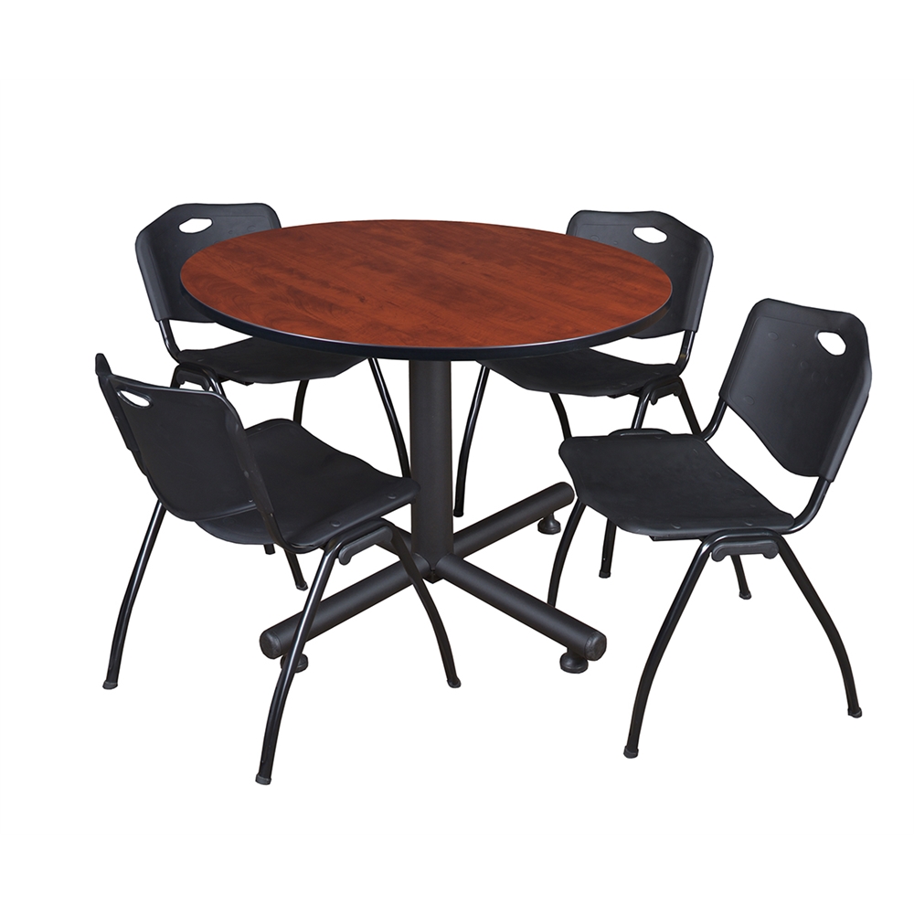 Kobe 48" Round Breakroom Table- Cherry & 4 'M' Stack Chairs- Black. Picture 1