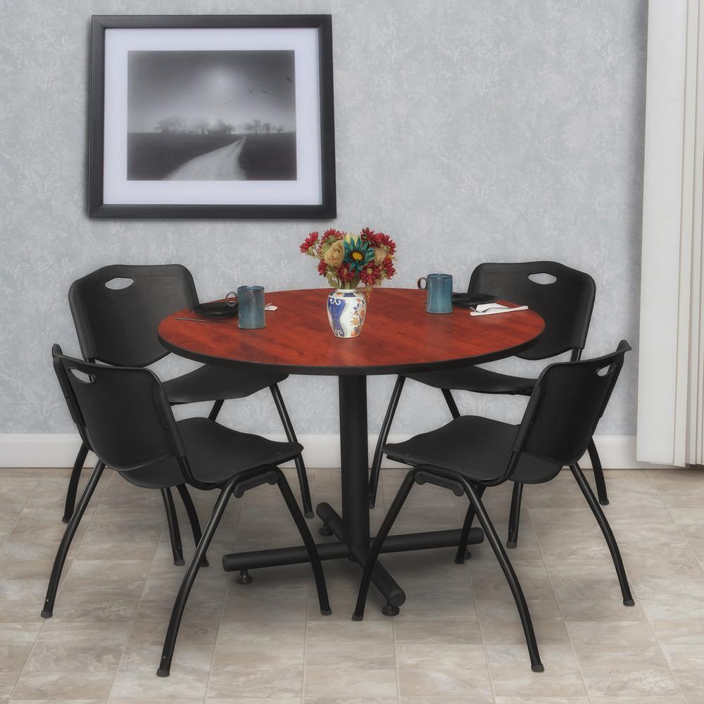 Kobe 48" Round Breakroom Table- Cherry & 4 'M' Stack Chairs- Black. Picture 2