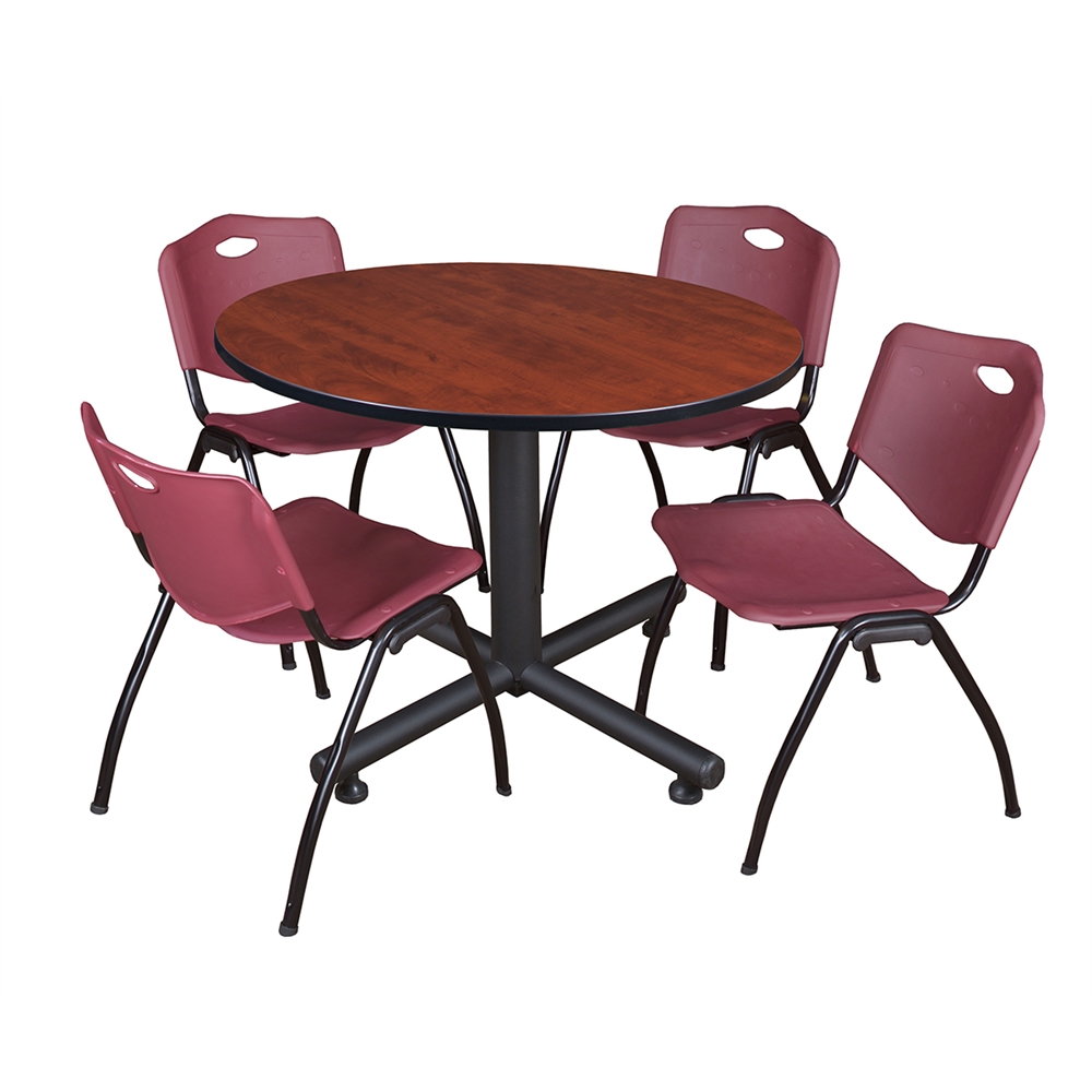 Kobe 48" Round Breakroom Table- Cherry & 4 'M' Stack Chairs- Burgundy. Picture 1