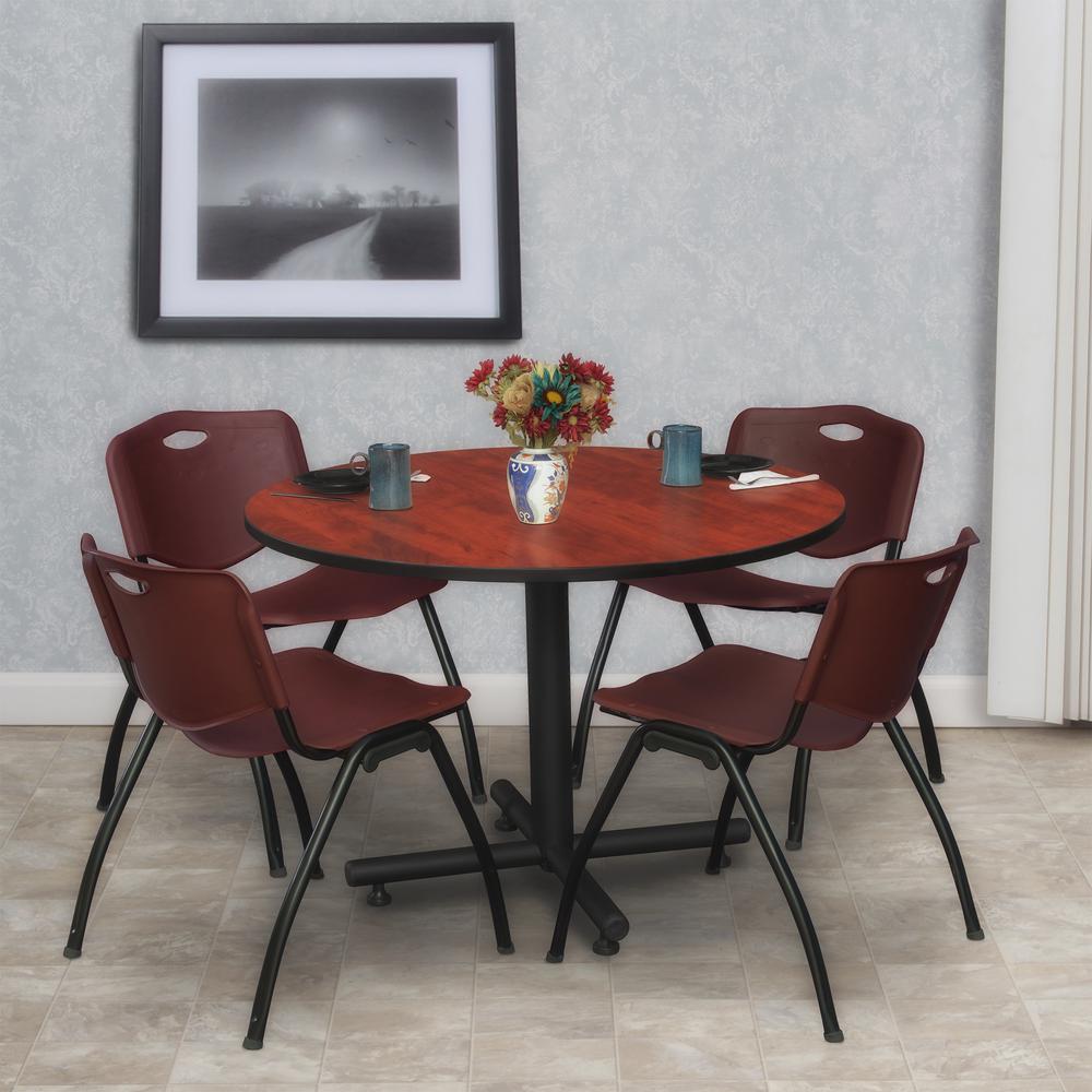 Kobe 48" Round Breakroom Table- Cherry & 4 'M' Stack Chairs- Burgundy. Picture 2