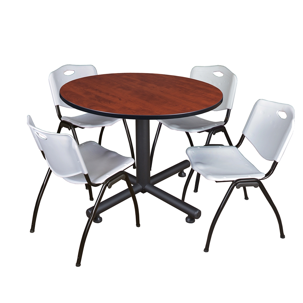 Kobe 48" Round Breakroom Table- Cherry & 4 'M' Stack Chairs- Grey. Picture 1
