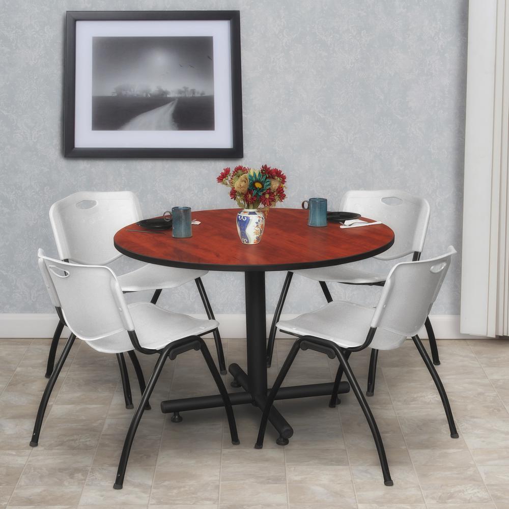 Kobe 48" Round Breakroom Table- Cherry & 4 'M' Stack Chairs- Grey. Picture 2