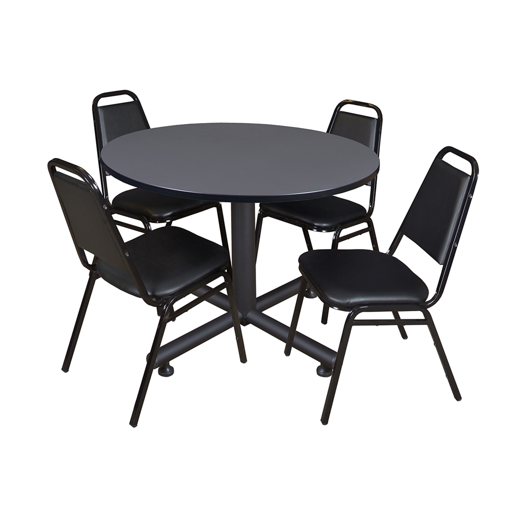 Kobe 48" Round Breakroom Table- Grey & 4 Restaurant Stack Chairs- Black. Picture 1