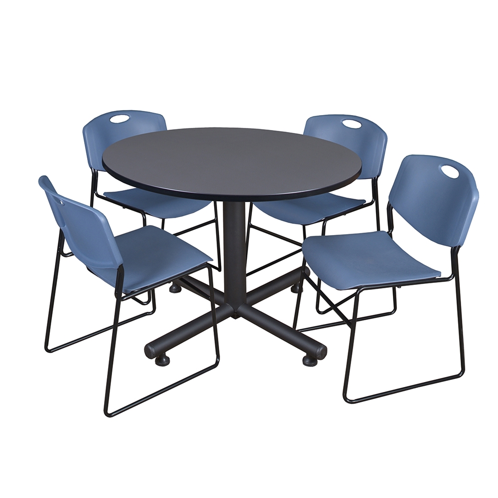 Kobe 48" Round Breakroom Table- Grey & 4 Zeng Stack Chairs- Blue. Picture 1