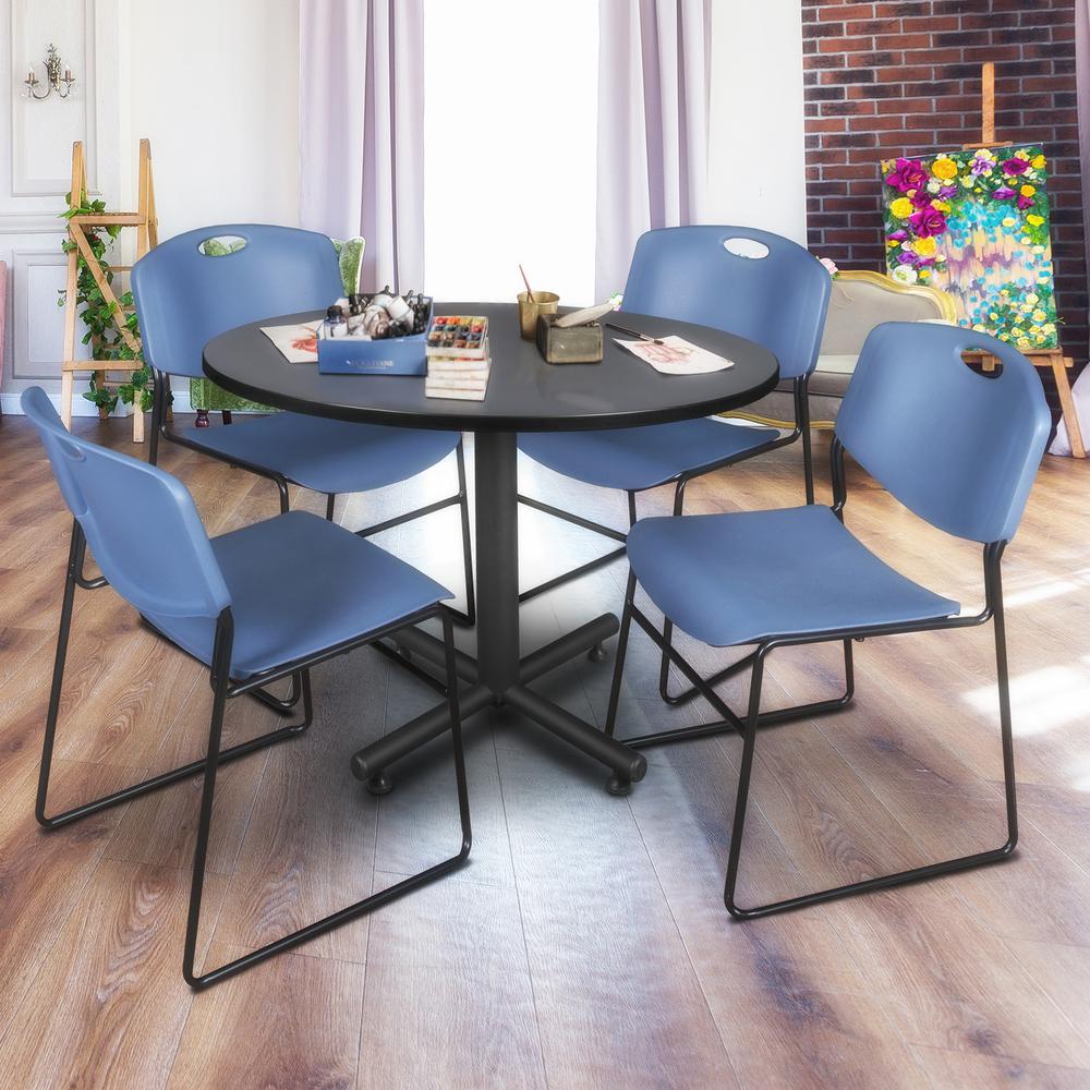Kobe 48" Round Breakroom Table- Grey & 4 Zeng Stack Chairs- Blue. Picture 2