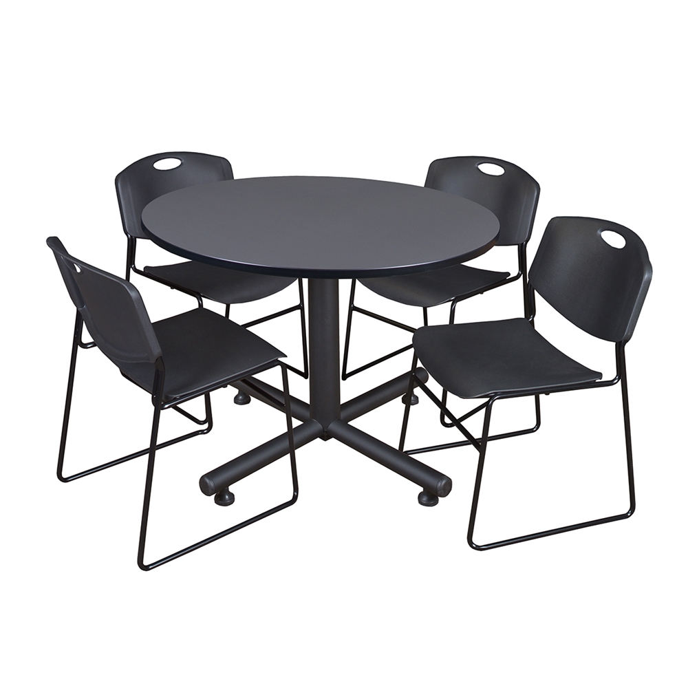 Kobe 48" Round Breakroom Table- Grey & 4 Zeng Stack Chairs- Black. Picture 1