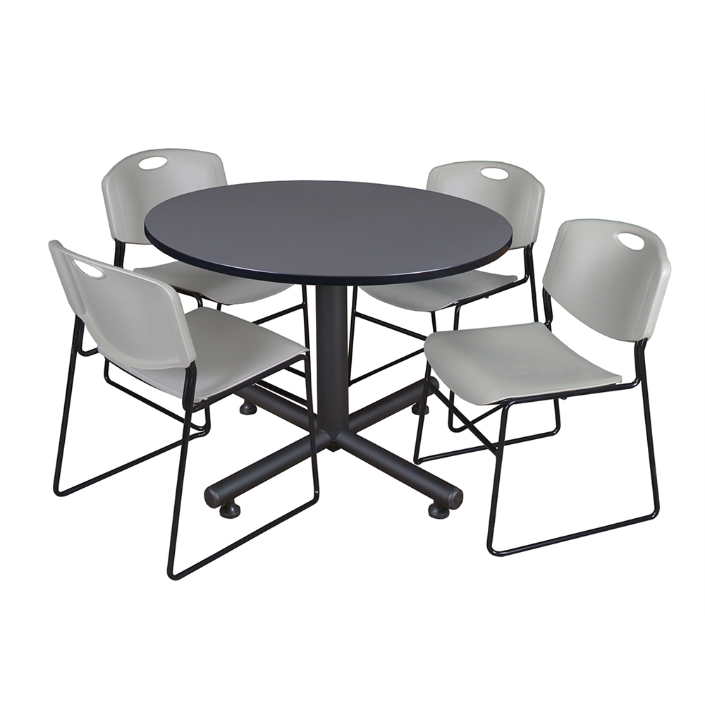Kobe 48" Round Breakroom Table- Grey & 4 Zeng Stack Chairs- Grey. Picture 1