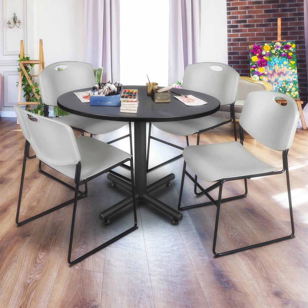 Kobe 48" Round Breakroom Table- Grey & 4 Zeng Stack Chairs- Grey. Picture 2