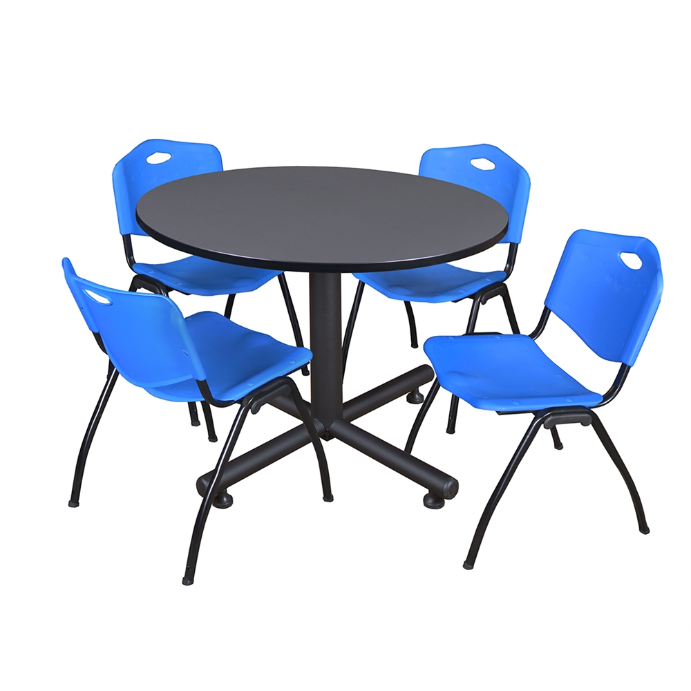 Kobe 48" Round Breakroom Table- Grey & 4 'M' Stack Chairs- Blue. Picture 1